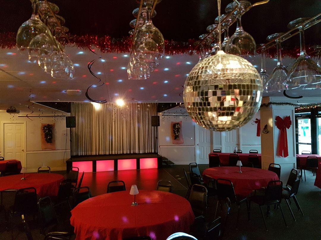 Eagles Club North Vancouver event room showing stage sound lighting and dance floor